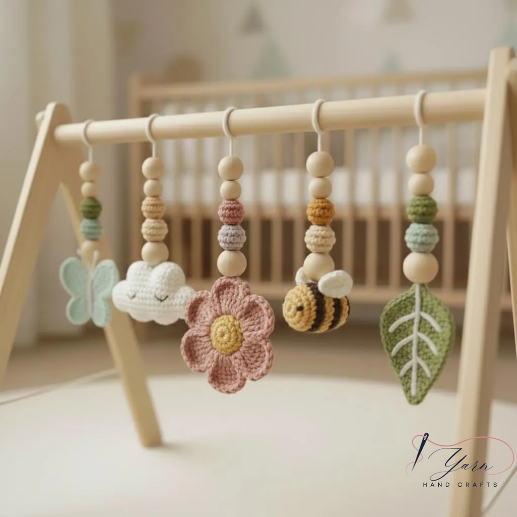 Garden Baby Gym Wooden Play Gym with Crochet Butterfly Bee Flower Cloud Leaf, Montessori Baby Activity Gym, Nature Nursery Decor, Baby Shower Gift