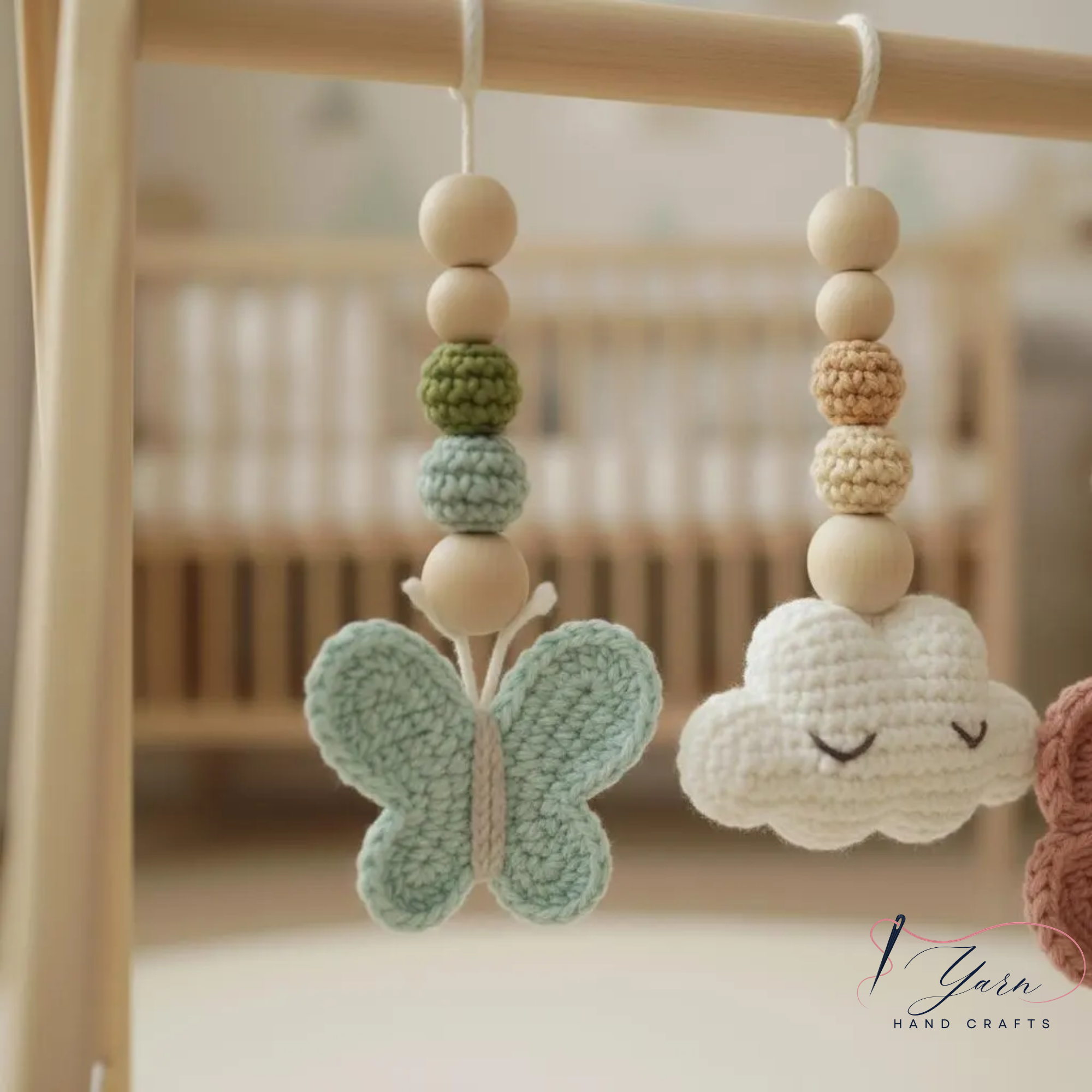 Garden Baby Gym Wooden Play Gym with Crochet Butterfly Bee Flower Cloud Leaf, Montessori Baby Activity Gym, Nature Nursery Decor, Baby Shower Gift