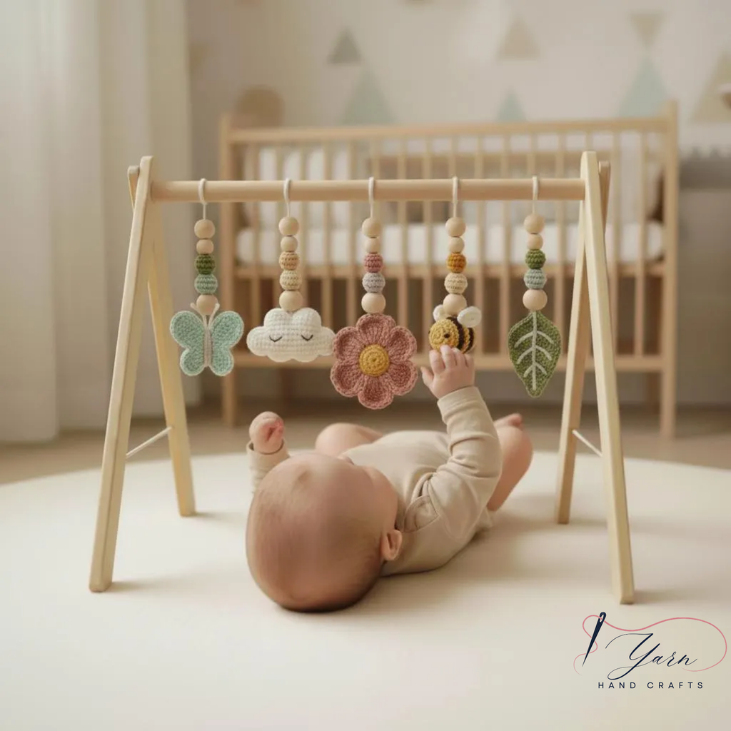 Garden Baby Gym Wooden Play Gym with Crochet Butterfly Bee Flower Cloud Leaf, Montessori Baby Activity Gym, Nature Nursery Decor, Baby Shower Gift