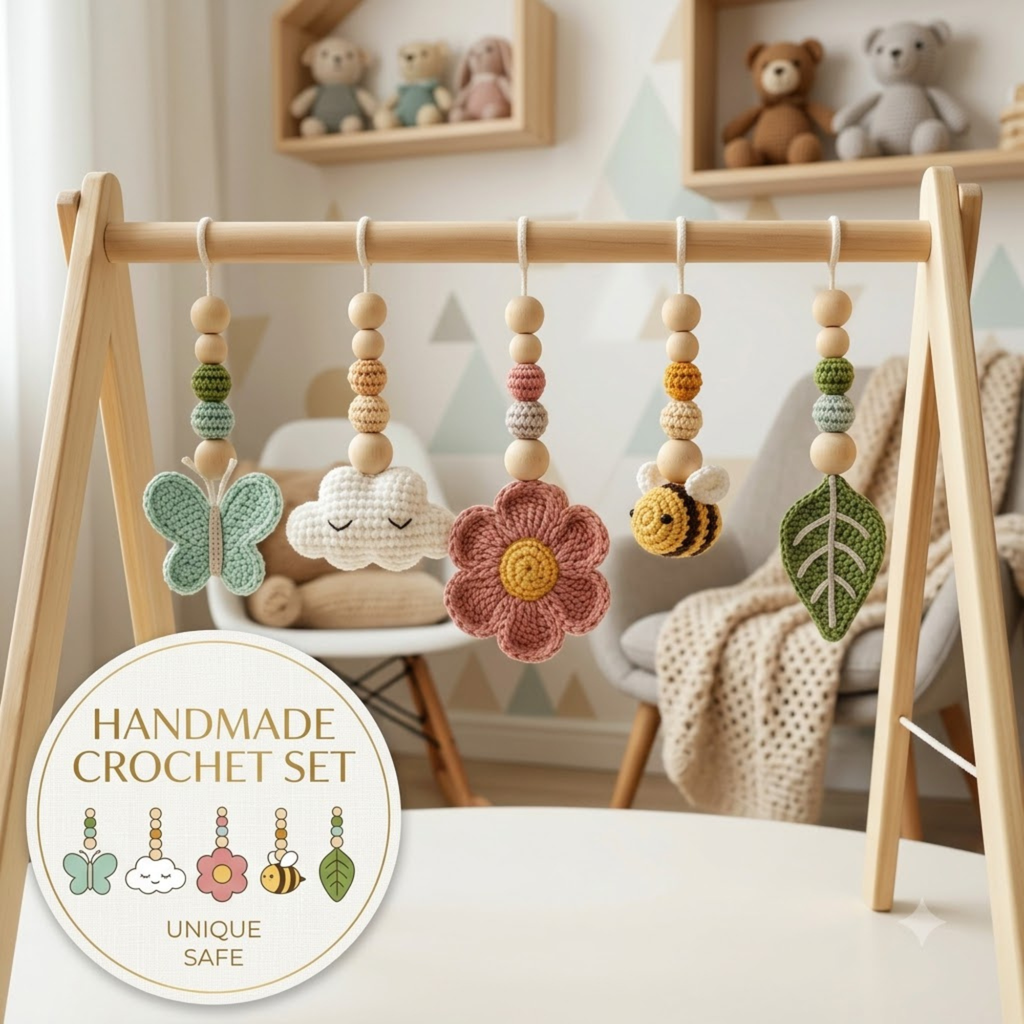 Garden Baby Gym Wooden Play Gym with Crochet Butterfly Bee Flower Cloud Leaf, Montessori Baby Activity Gym, Nature Nursery Decor, Baby Shower Gift