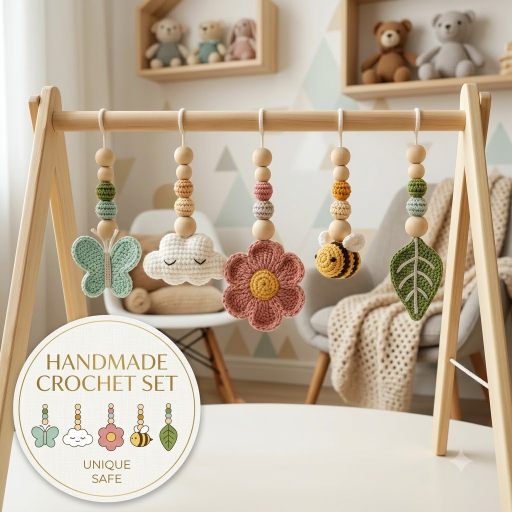 Garden Baby Gym Wooden Play Gym with Crochet Butterfly Bee Flower Cloud Leaf, Montessori Baby Activity Gym, Nature Nursery Decor, Baby Shower Gift