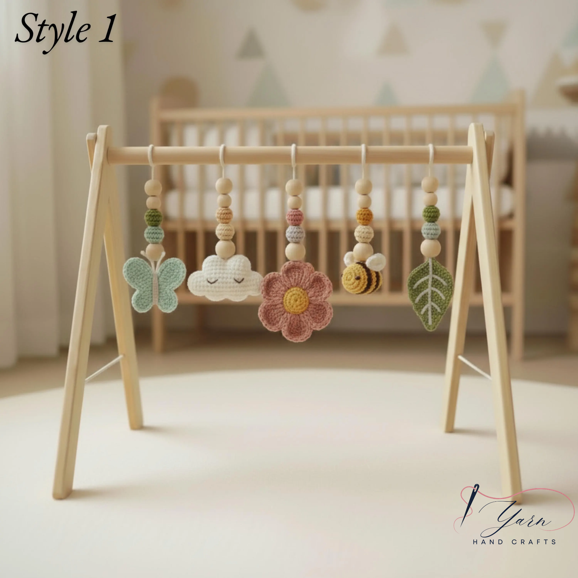 Garden Baby Gym Wooden Play Gym with Crochet Butterfly Bee Flower Cloud Leaf, Montessori Baby Activity Gym, Nature Nursery Decor, Baby Shower Gift