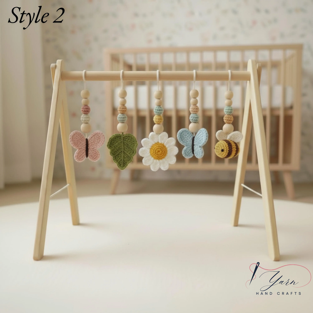 Garden Baby Gym Wooden Play Gym with Crochet Butterfly Bee Flower Cloud Leaf, Montessori Baby Activity Gym, Nature Nursery Decor, Baby Shower Gift