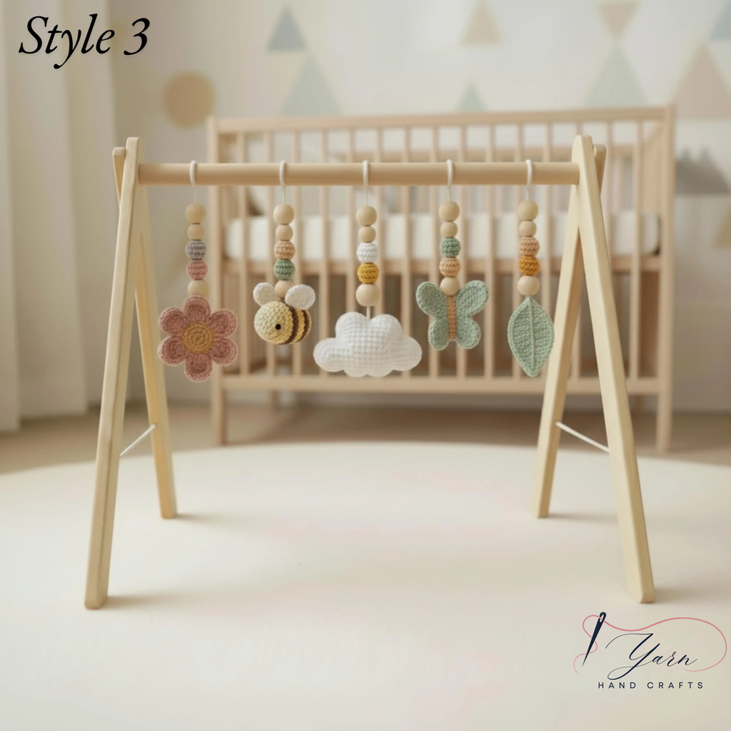 Garden Baby Gym Wooden Play Gym with Crochet Butterfly Bee Flower Cloud Leaf, Montessori Baby Activity Gym, Nature Nursery Decor, Baby Shower Gift