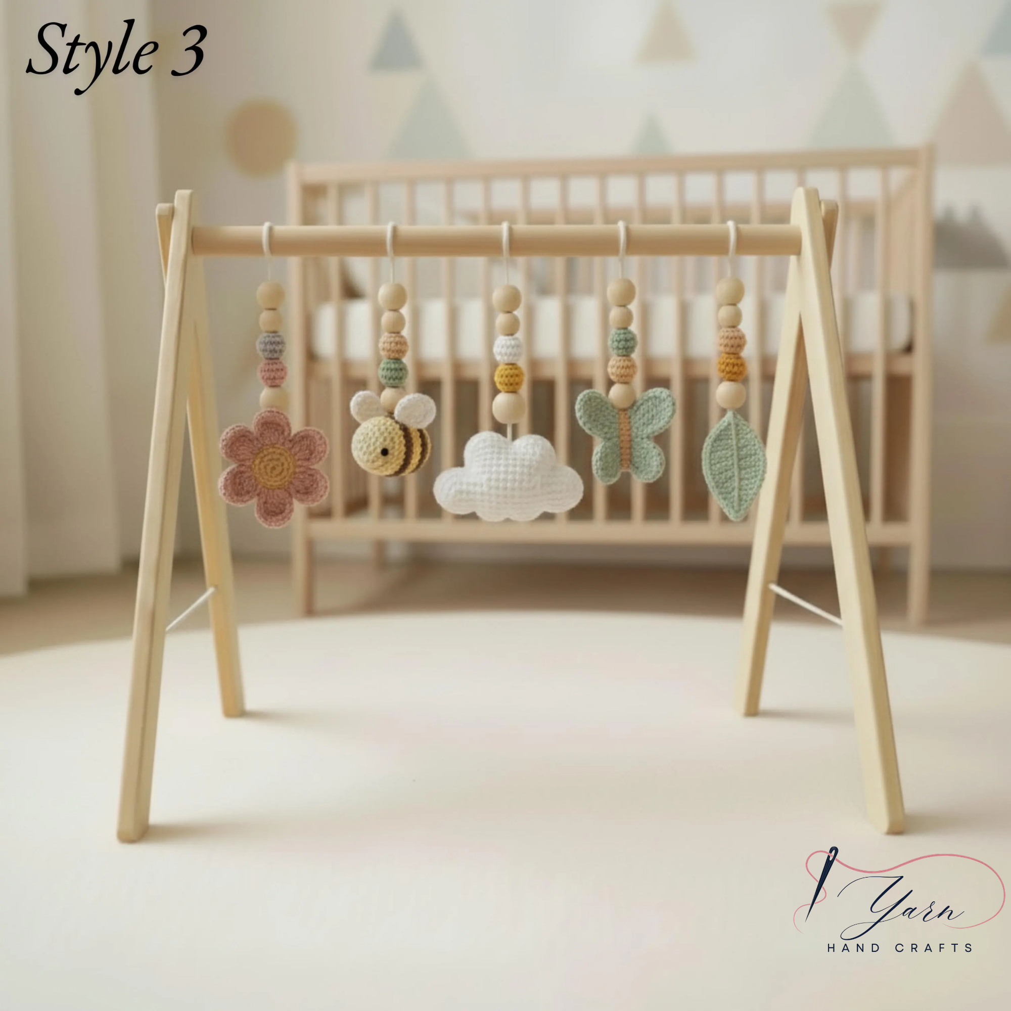 Garden Baby Gym Wooden Play Gym with Crochet Butterfly Bee Flower Cloud Leaf, Montessori Baby Activity Gym, Nature Nursery Decor, Baby Shower Gift