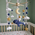 Crochet Astronaut Whale Baby Mobile, Navy Space Crib Decor with Moon Stars and Clouds, Celestial Nursery Gift for Baby Boy or Girl
