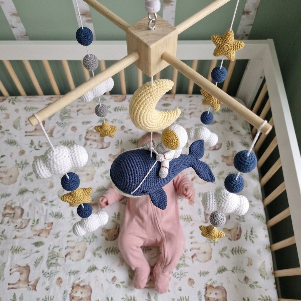 Crochet Astronaut Whale Baby Mobile, Navy Space Crib Decor with Moon Stars and Clouds, Celestial Nursery Gift for Baby Boy or Girl
