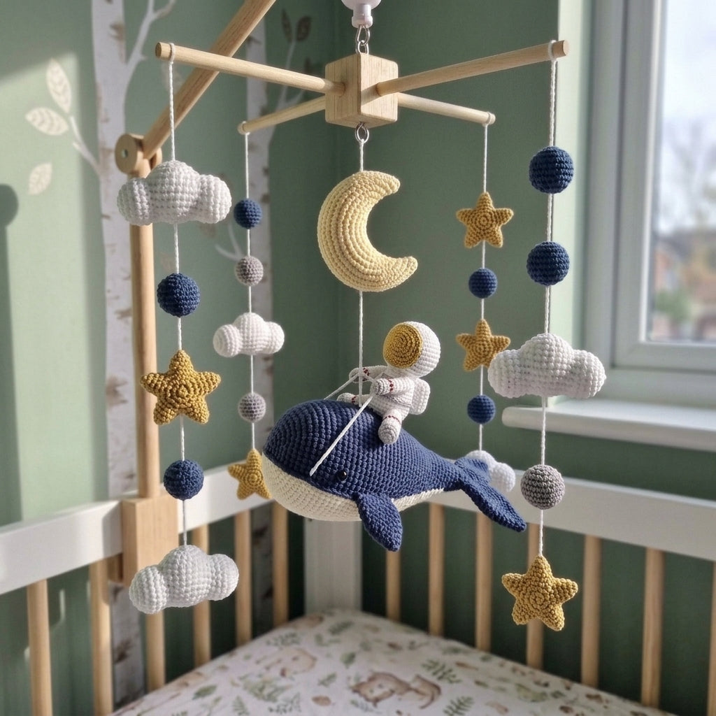 Crochet Astronaut Whale Baby Mobile, Navy Space Crib Decor with Moon Stars and Clouds, Celestial Nursery Gift for Baby Boy or Girl
