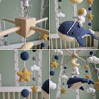 Crochet Astronaut Whale Baby Mobile, Navy Space Crib Decor with Moon Stars and Clouds, Celestial Nursery Gift for Baby Boy or Girl
