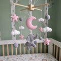 Moonlit Elephant Crochet Baby Mobile, Handmade Pink Celestial Crib Hanging with Stars, Clouds and Moon