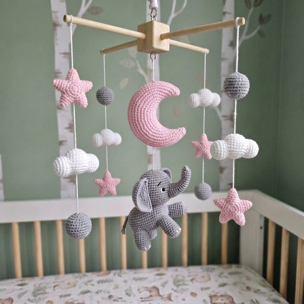 Moonlit Elephant Crochet Baby Mobile, Handmade Pink Celestial Crib Hanging with Stars, Clouds and Moon
