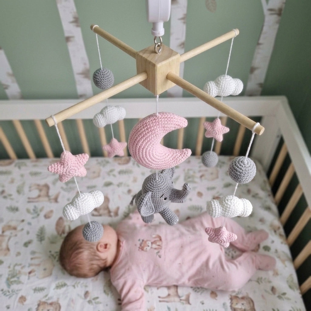 Moonlit Elephant Crochet Baby Mobile, Handmade Pink Celestial Crib Hanging with Stars, Clouds and Moon