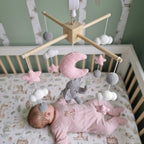 Moonlit Elephant Crochet Baby Mobile, Handmade Pink Celestial Crib Hanging with Stars, Clouds and Moon
