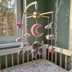 Moonlit Elephant Crochet Baby Mobile, Handmade Pink Celestial Crib Hanging with Stars, Clouds and Moon