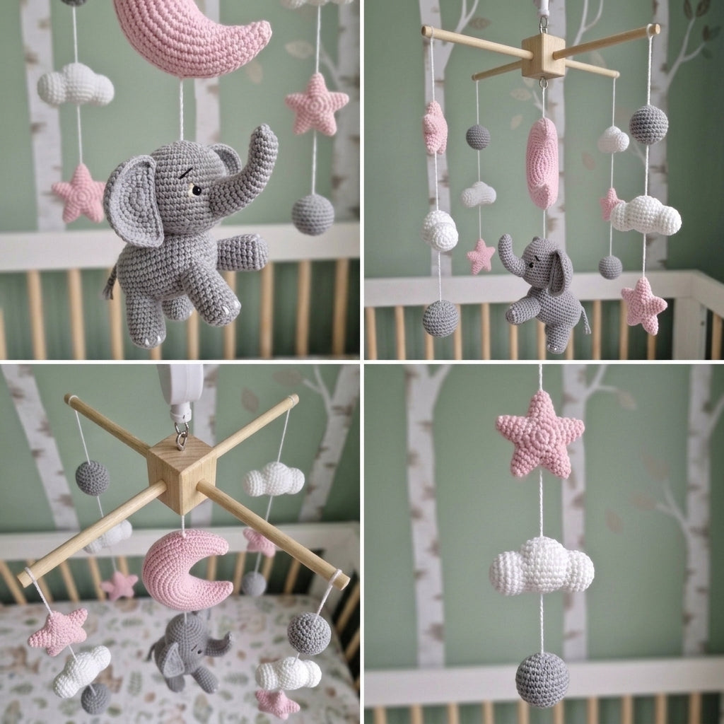 Moonlit Elephant Crochet Baby Mobile, Handmade Pink Celestial Crib Hanging with Stars, Clouds and Moon