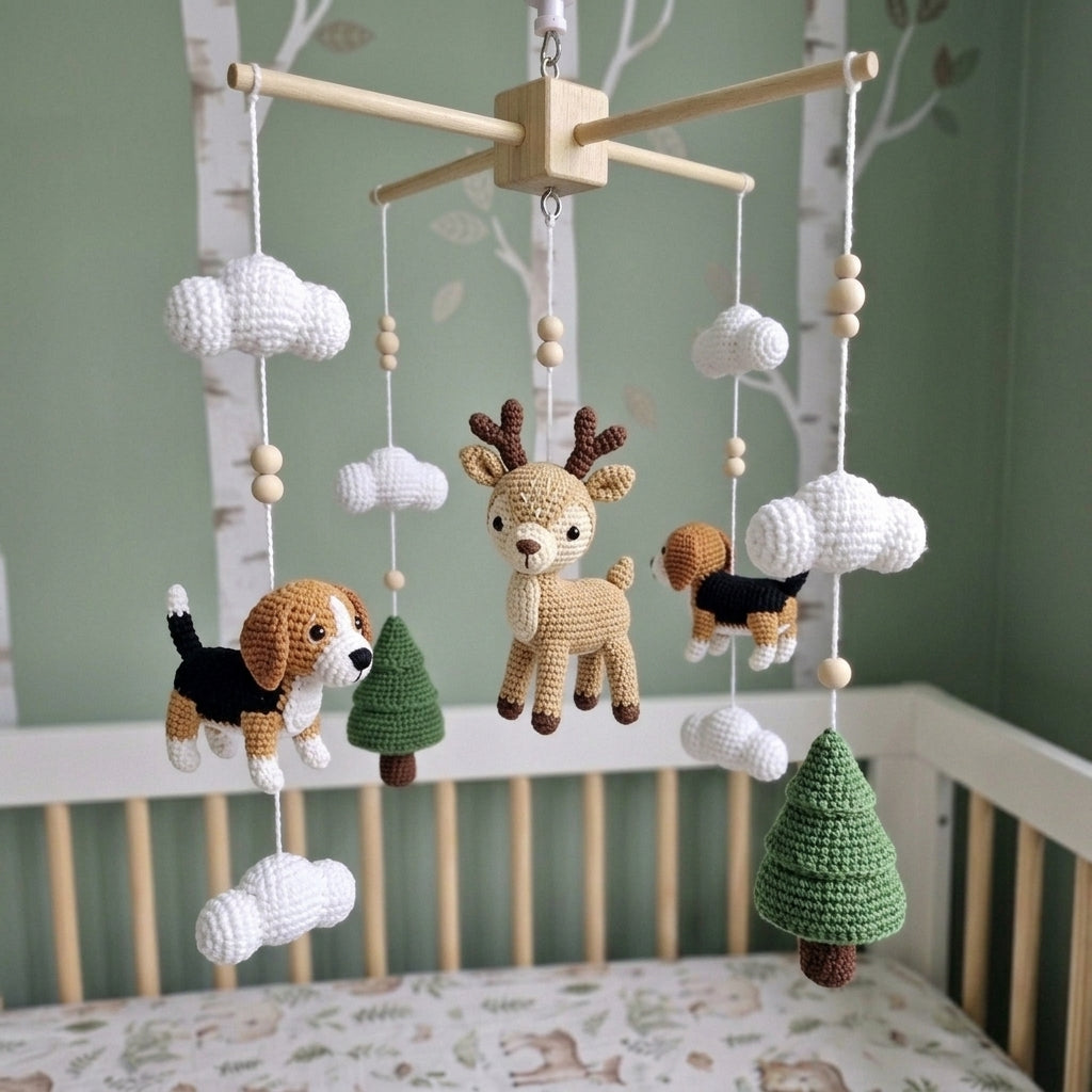 Crochet Woodland Baby Mobile, Deer and Beagle Crib Decor, Pine Tree Cloud Nursery Hanging, Handmade Baby Shower Gift for Boy or Girl
