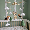 Crochet Woodland Baby Mobile, Deer and Beagle Crib Decor, Pine Tree Cloud Nursery Hanging, Handmade Baby Shower Gift for Boy or Girl