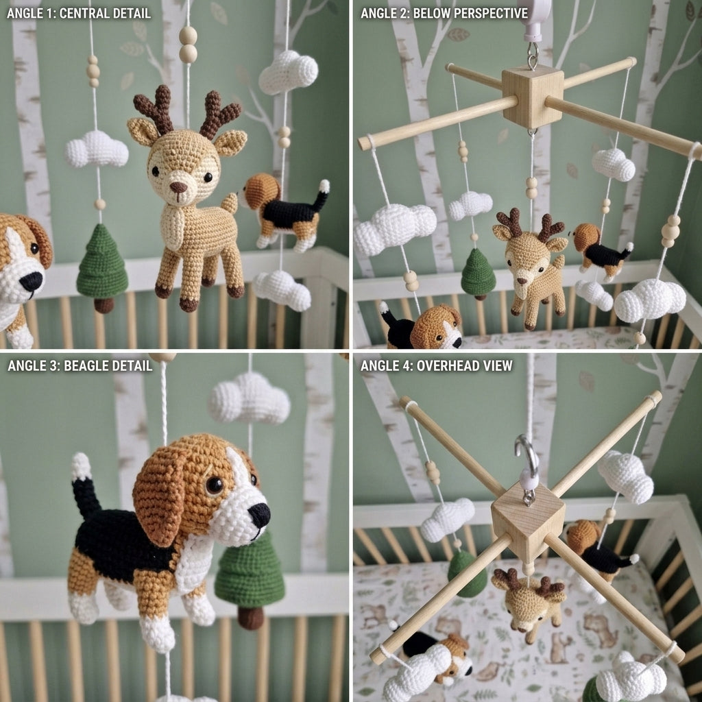 Crochet Woodland Baby Mobile, Deer and Beagle Crib Decor, Pine Tree Cloud Nursery Hanging, Handmade Baby Shower Gift for Boy or Girl