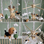 Crochet Woodland Baby Mobile, Deer and Beagle Crib Decor, Pine Tree Cloud Nursery Hanging, Handmade Baby Shower Gift for Boy or Girl