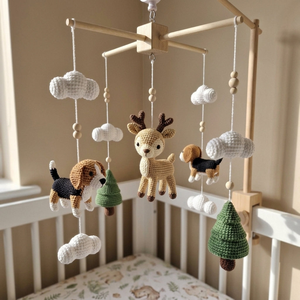 Crochet Woodland Baby Mobile, Deer and Beagle Crib Decor, Pine Tree Cloud Nursery Hanging, Handmade Baby Shower Gift for Boy or Girl