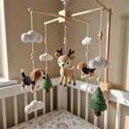 Crochet Woodland Baby Mobile, Deer and Beagle Crib Decor, Pine Tree Cloud Nursery Hanging, Handmade Baby Shower Gift for Boy or Girl