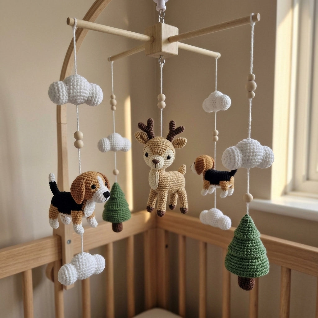 Crochet Woodland Baby Mobile, Deer and Beagle Crib Decor, Pine Tree Cloud Nursery Hanging, Handmade Baby Shower Gift for Boy or Girl