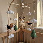 Crochet Woodland Baby Mobile, Deer and Beagle Crib Decor, Pine Tree Cloud Nursery Hanging, Handmade Baby Shower Gift for Boy or Girl