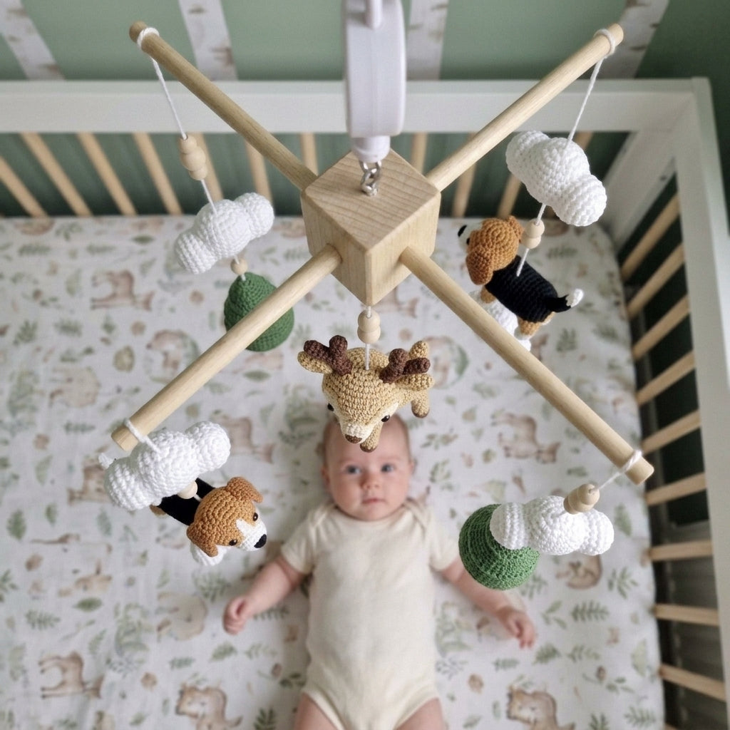 Crochet Woodland Baby Mobile, Deer and Beagle Crib Decor, Pine Tree Cloud Nursery Hanging, Handmade Baby Shower Gift for Boy or Girl