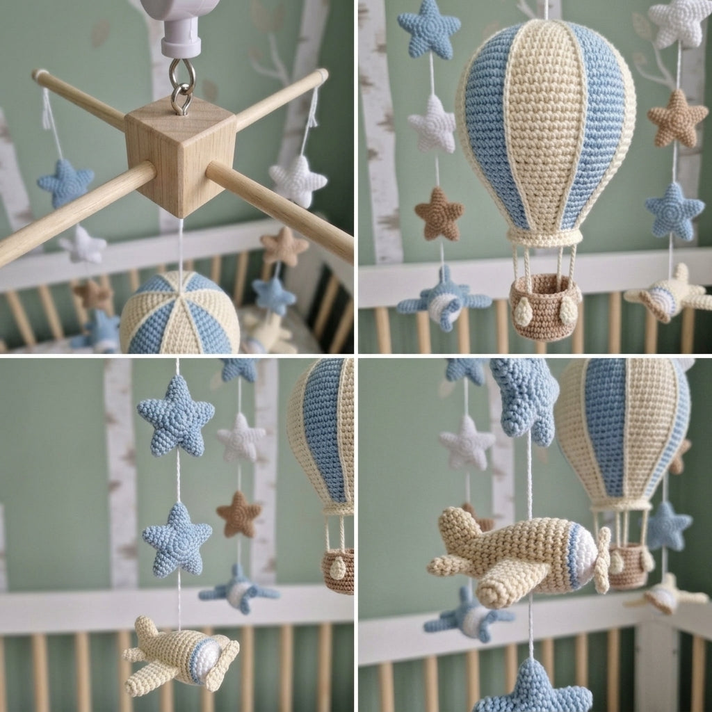 Airborne Dreams Crochet Baby Mobile, Handmade Hot Air Balloon Crib Hanging with Airplanes and Stars