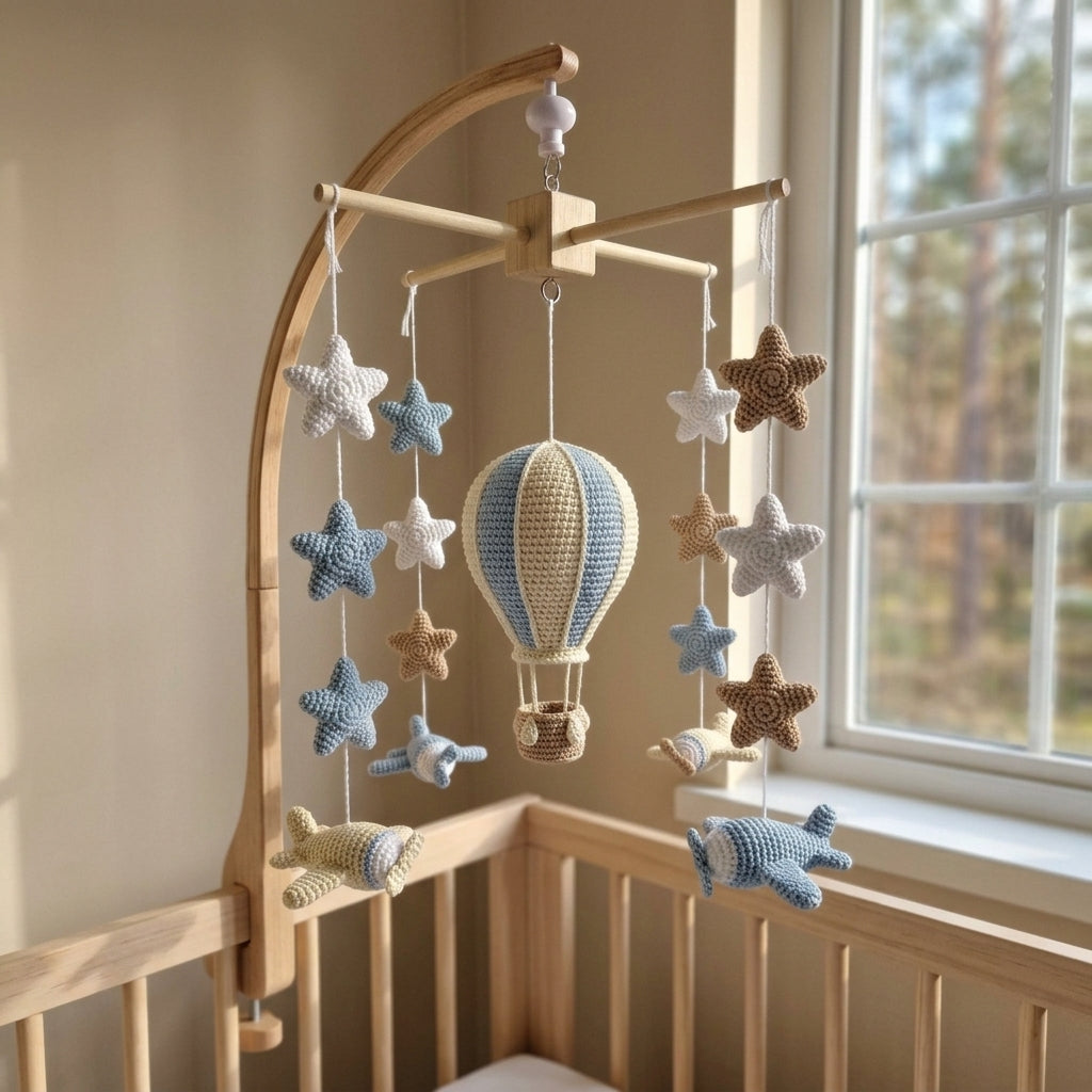 Airborne Dreams Crochet Baby Mobile, Handmade Hot Air Balloon Crib Hanging with Airplanes and Stars