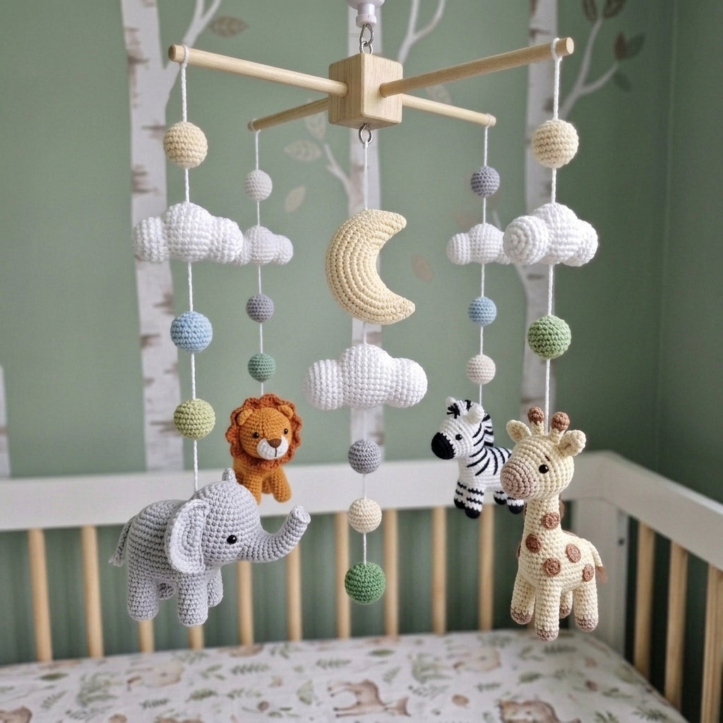 Crochet Safari Baby Mobile, Elephant Lion Zebra Giraffe Crib Decor, Moon Cloud Jungle Nursery, Baby Shower Gift for Boy or Girl Room Decor