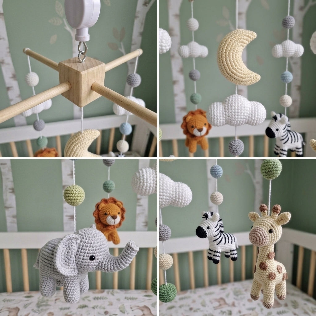 Crochet Safari Baby Mobile, Elephant Lion Zebra Giraffe Crib Decor, Moon Cloud Jungle Nursery, Baby Shower Gift for Boy or Girl Room Decor