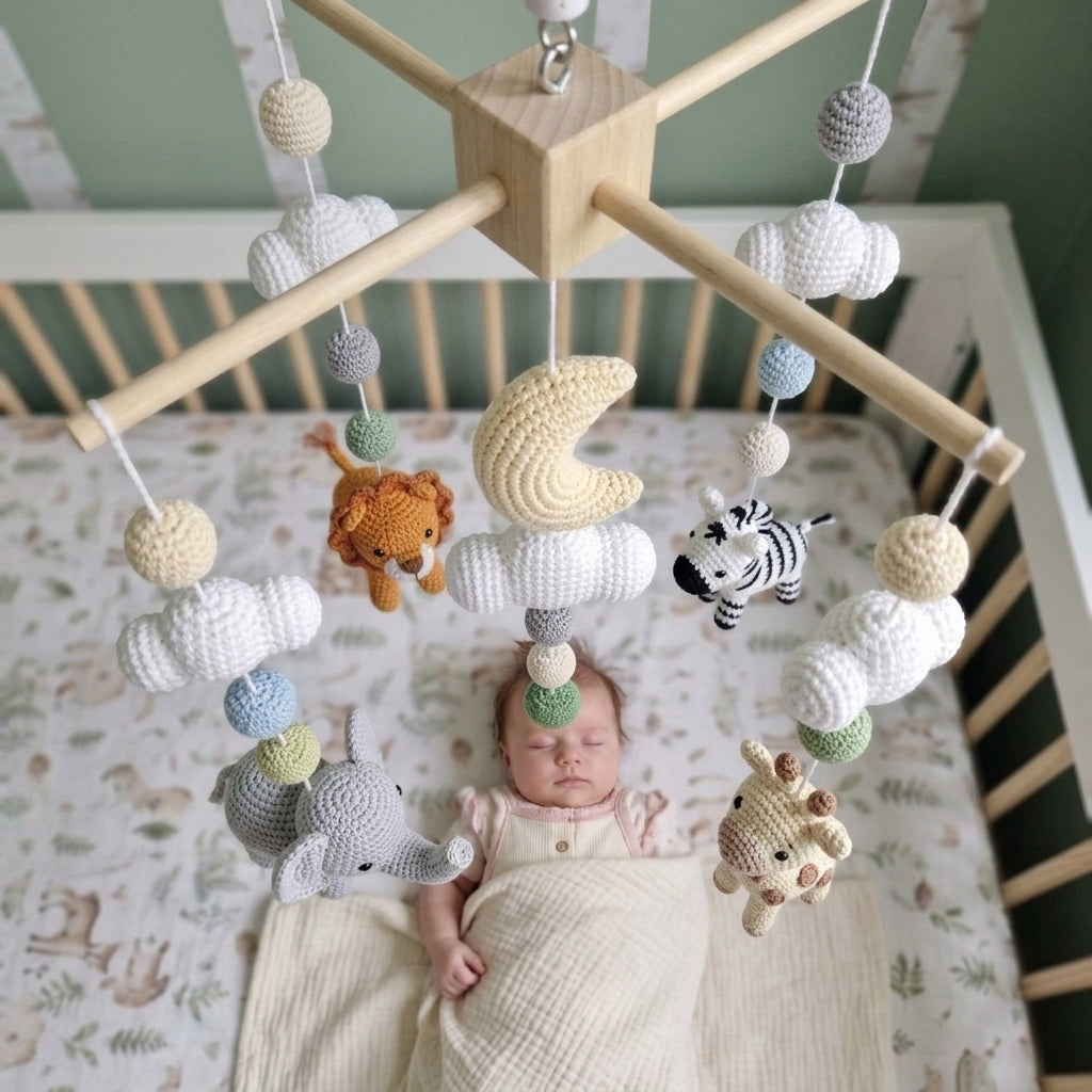 Crochet Safari Baby Mobile, Elephant Lion Zebra Giraffe Crib Decor, Moon Cloud Jungle Nursery, Baby Shower Gift for Boy or Girl Room Decor