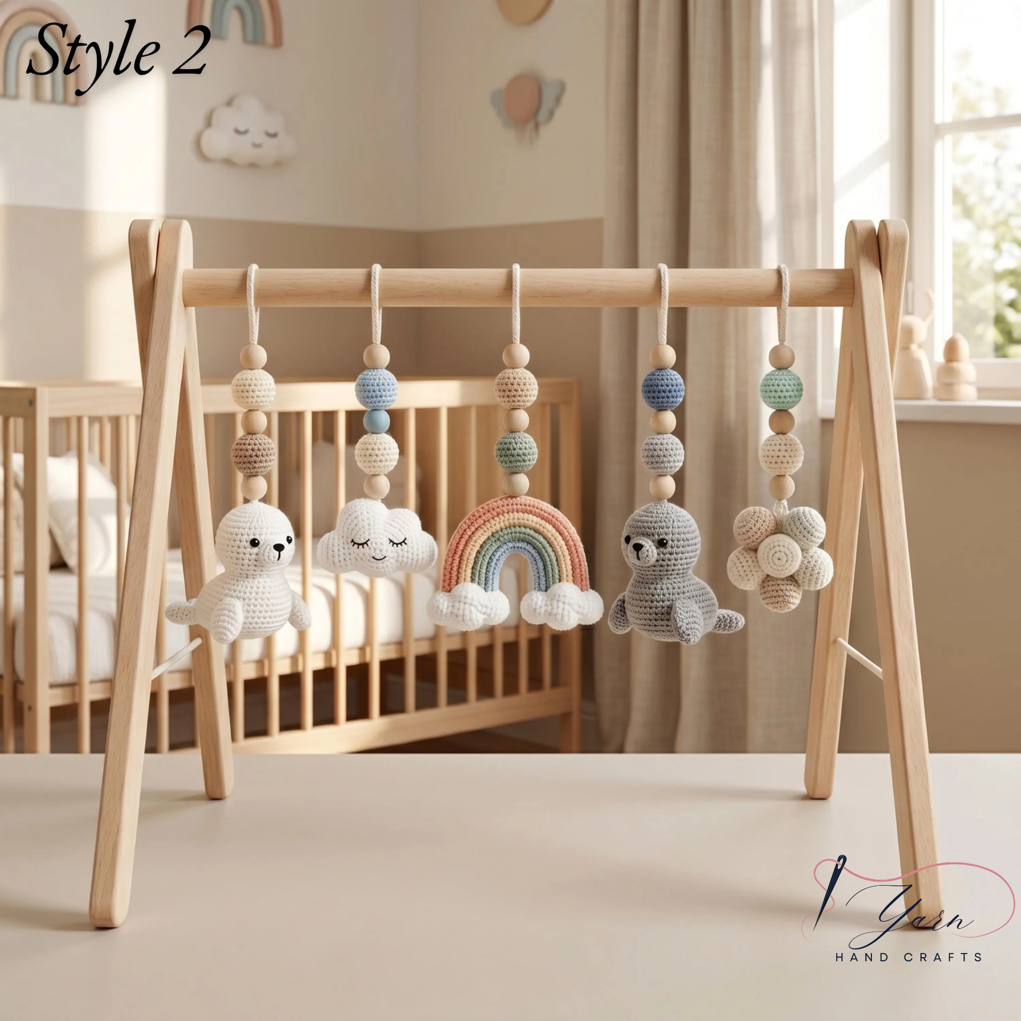 Handmade Custom Ocean Baby Play Gym with Crochet Seal Toys, Wooden Montessori Activity Gym, Neutral Nursery Decor, Baby Shower Gift