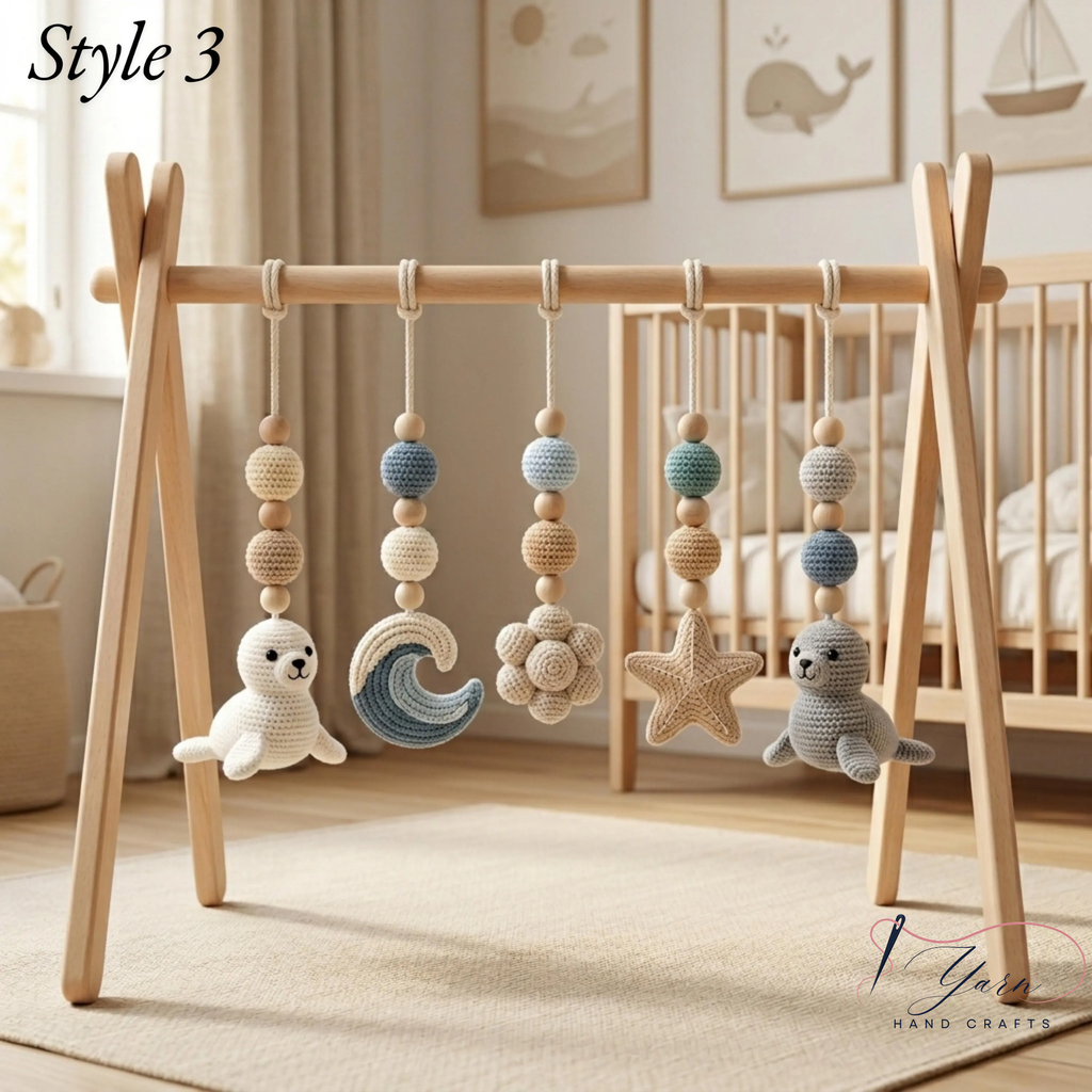 Handmade Custom Ocean Baby Play Gym with Crochet Seal Toys, Wooden Montessori Activity Gym, Neutral Nursery Decor, Baby Shower Gift