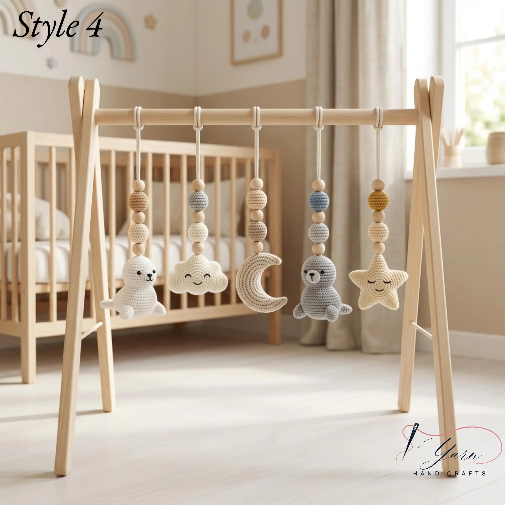 Handmade Custom Ocean Baby Play Gym with Crochet Seal Toys, Wooden Montessori Activity Gym, Neutral Nursery Decor, Baby Shower Gift
