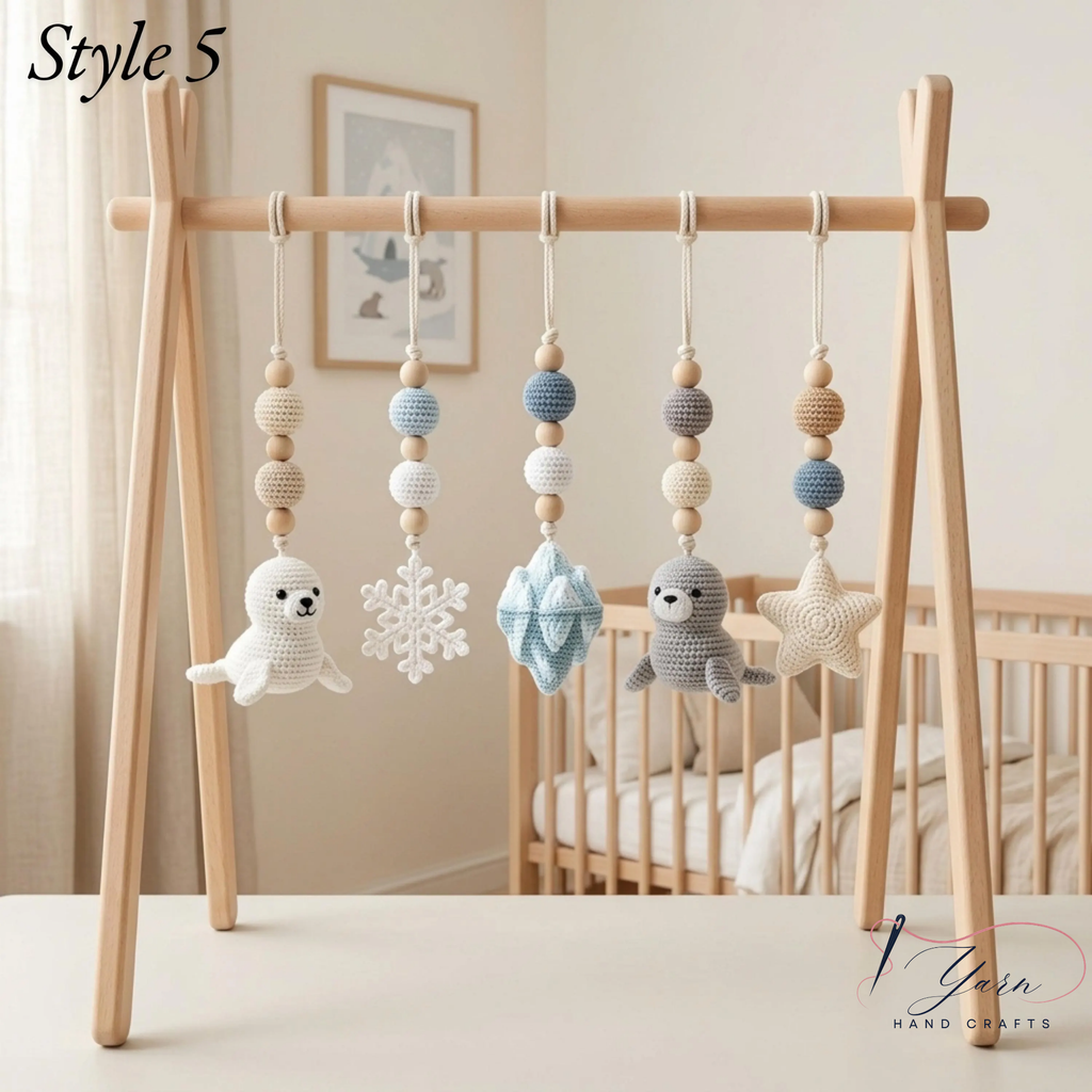 Handmade Custom Ocean Baby Play Gym with Crochet Seal Toys, Wooden Montessori Activity Gym, Neutral Nursery Decor, Baby Shower Gift