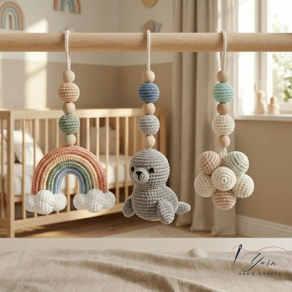 Handmade Custom Ocean Baby Play Gym with Crochet Seal Toys, Wooden Montessori Activity Gym, Neutral Nursery Decor, Baby Shower Gift