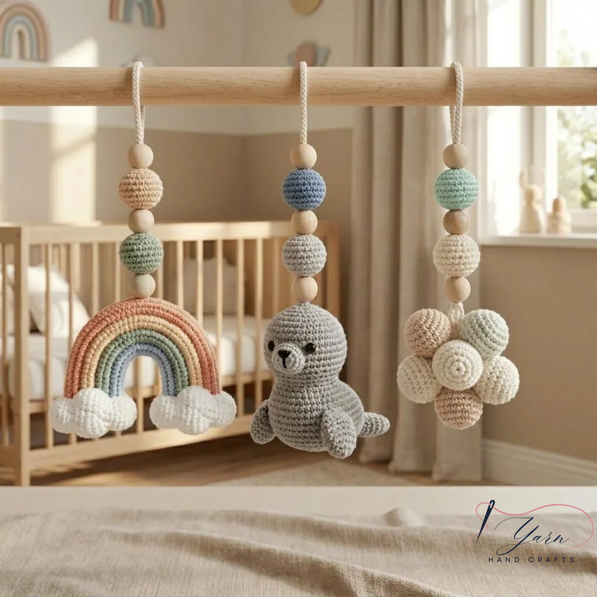 Handmade Custom Ocean Baby Play Gym with Crochet Seal Toys, Wooden Montessori Activity Gym, Neutral Nursery Decor, Baby Shower Gift