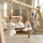 Handmade Custom Ocean Baby Play Gym with Crochet Seal Toys, Wooden Montessori Activity Gym, Neutral Nursery Decor, Baby Shower Gift