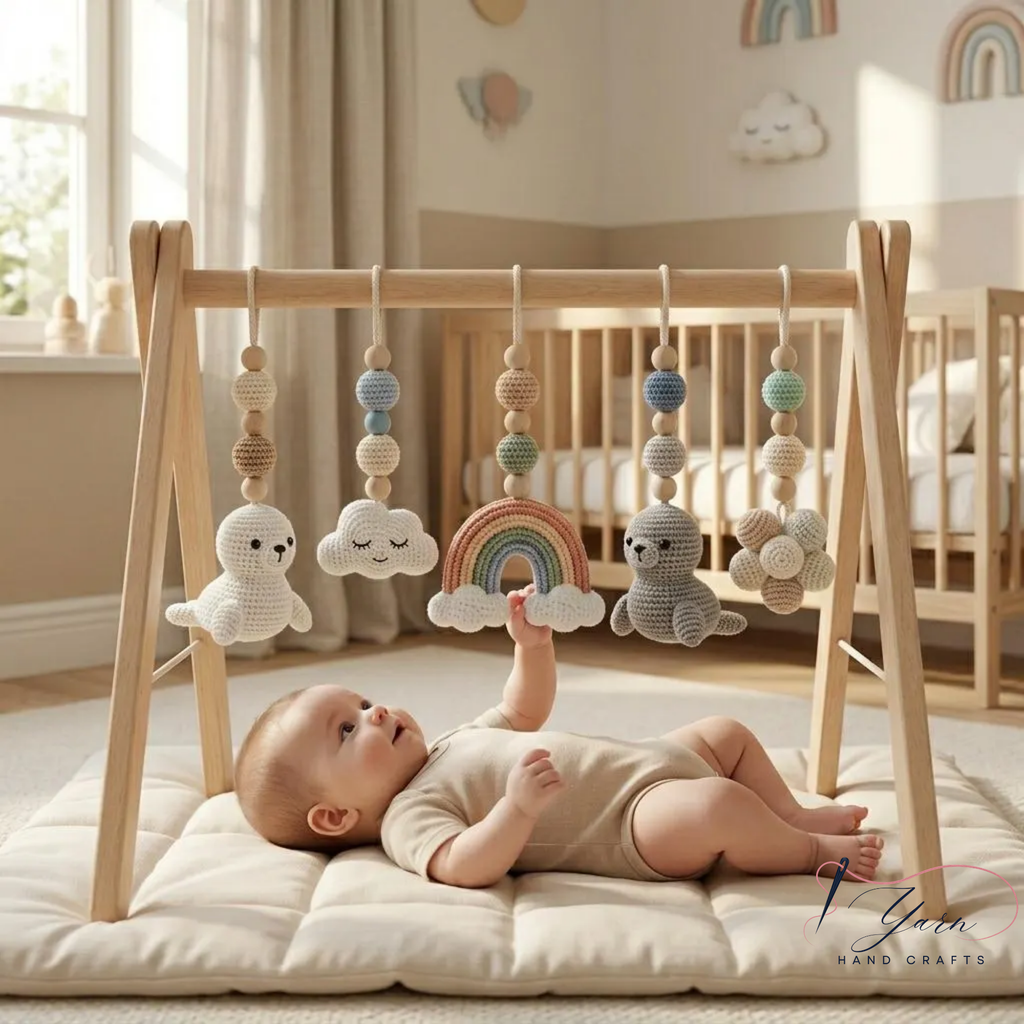 Handmade Custom Ocean Baby Play Gym with Crochet Seal Toys, Wooden Montessori Activity Gym, Neutral Nursery Decor, Baby Shower Gift