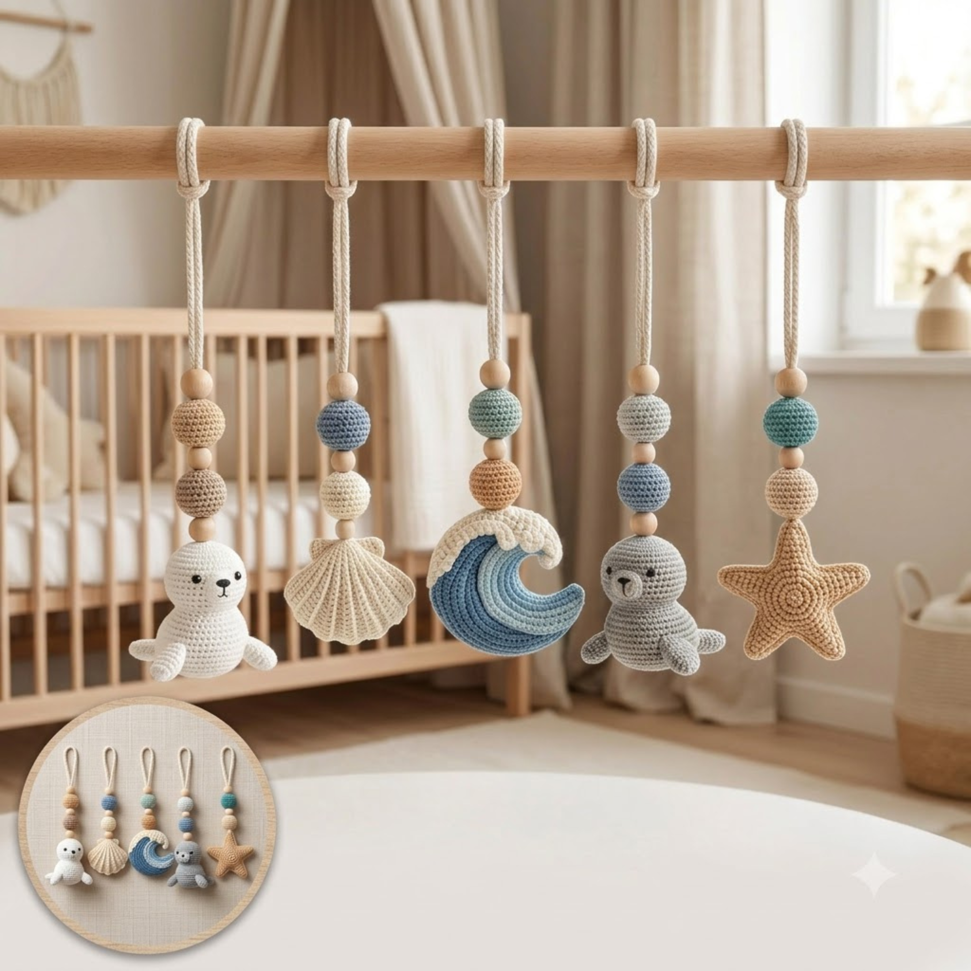 Handmade Custom Ocean Baby Play Gym with Crochet Seal Toys, Wooden Montessori Activity Gym, Neutral Nursery Decor, Baby Shower Gift