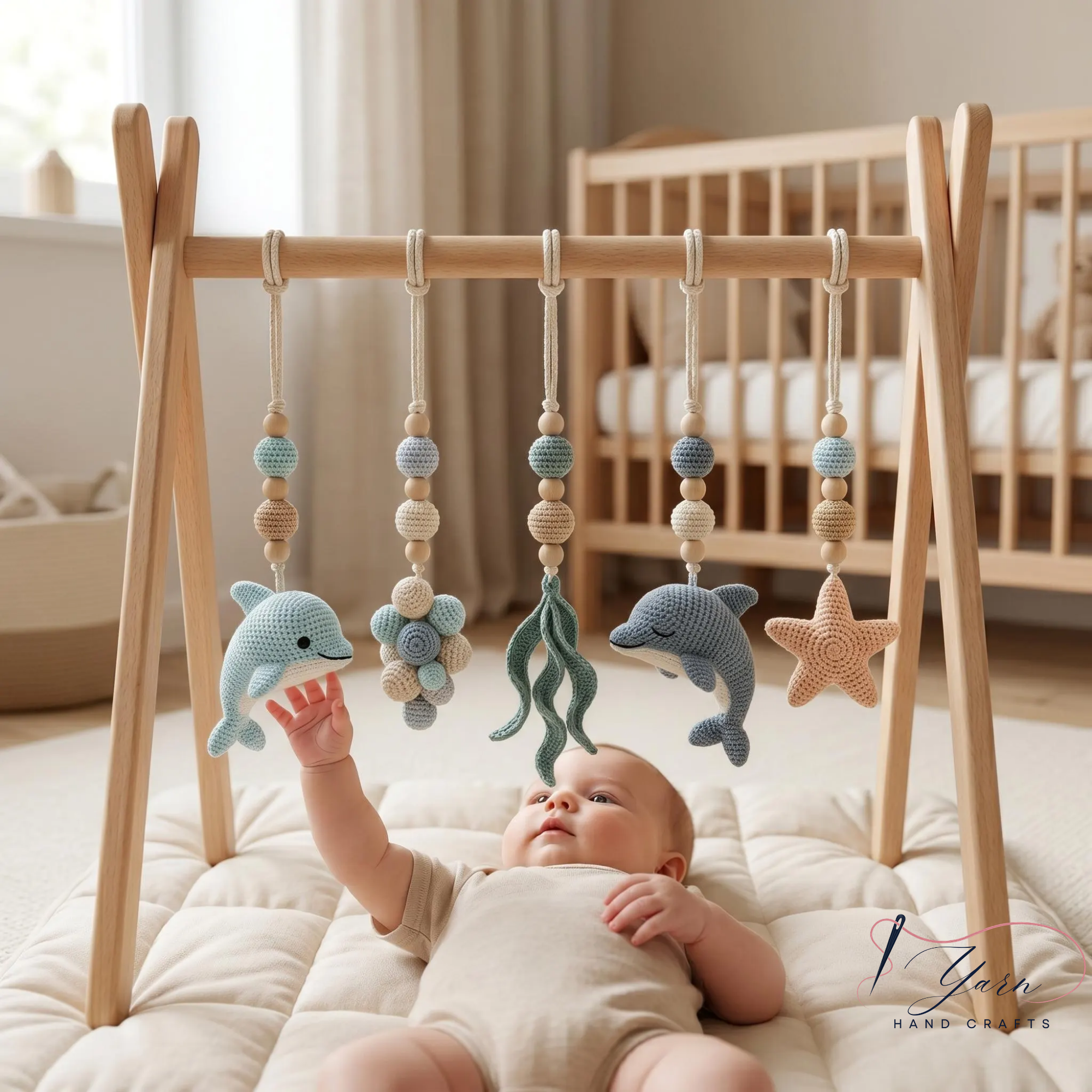 Handmade Custom Dolphin Baby Play Gym, Wooden Montessori Activity Gym, Crochet Ocean Nursery Toys, Neutral Sea Baby Decor, Baby Shower Gift