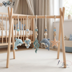Handmade Custom Dolphin Baby Play Gym, Wooden Montessori Activity Gym, Crochet Ocean Nursery Toys, Neutral Sea Baby Decor, Baby Shower Gift