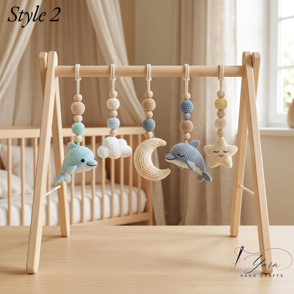 Handmade Custom Dolphin Baby Play Gym, Wooden Montessori Activity Gym, Crochet Ocean Nursery Toys, Neutral Sea Baby Decor, Baby Shower Gift