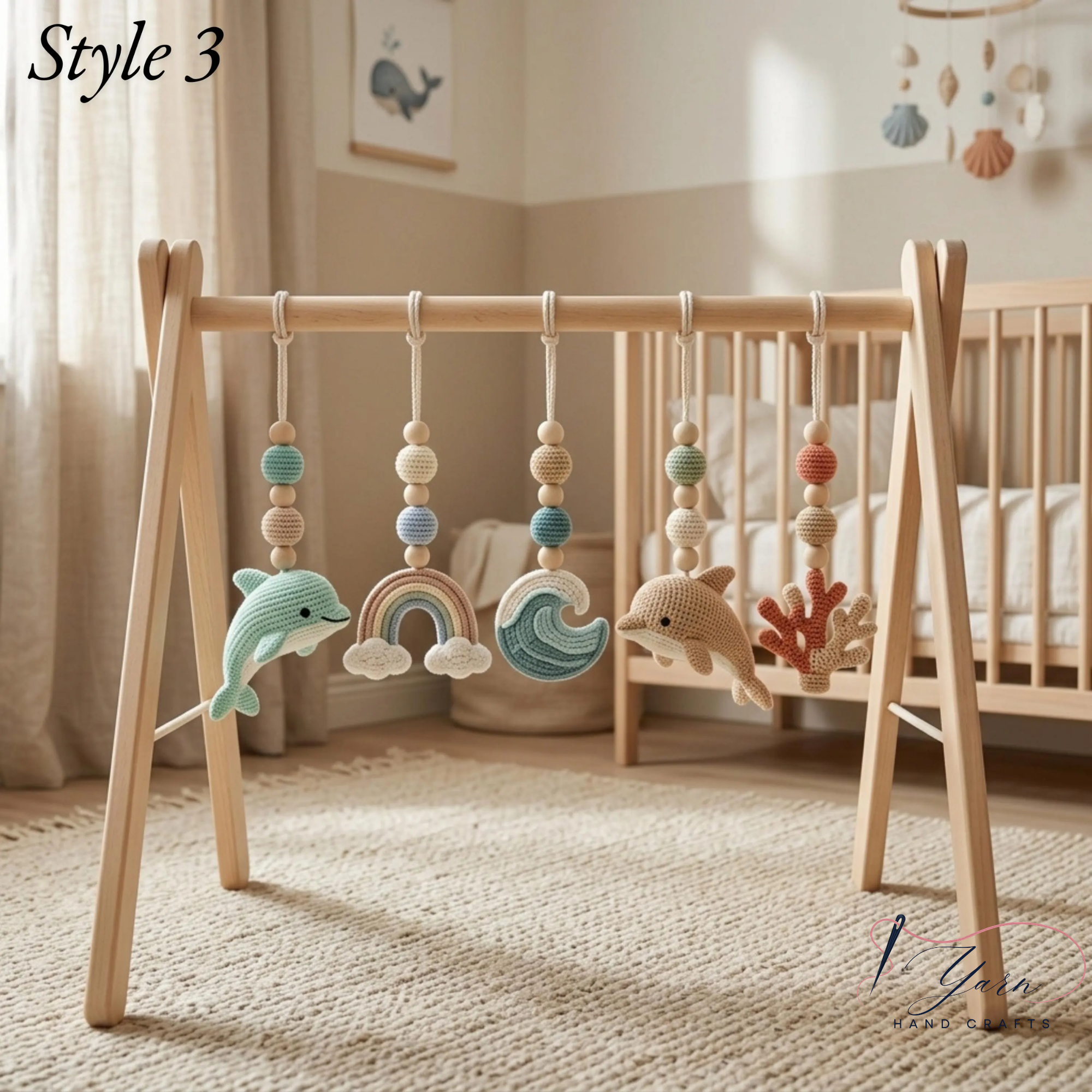Handmade Custom Dolphin Baby Play Gym, Wooden Montessori Activity Gym, Crochet Ocean Nursery Toys, Neutral Sea Baby Decor, Baby Shower Gift