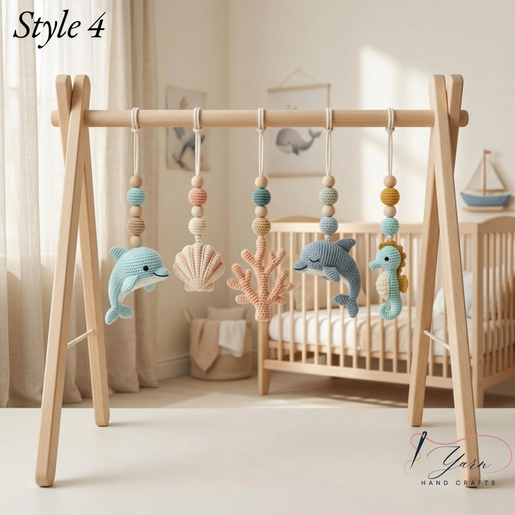 Handmade Custom Dolphin Baby Play Gym, Wooden Montessori Activity Gym, Crochet Ocean Nursery Toys, Neutral Sea Baby Decor, Baby Shower Gift