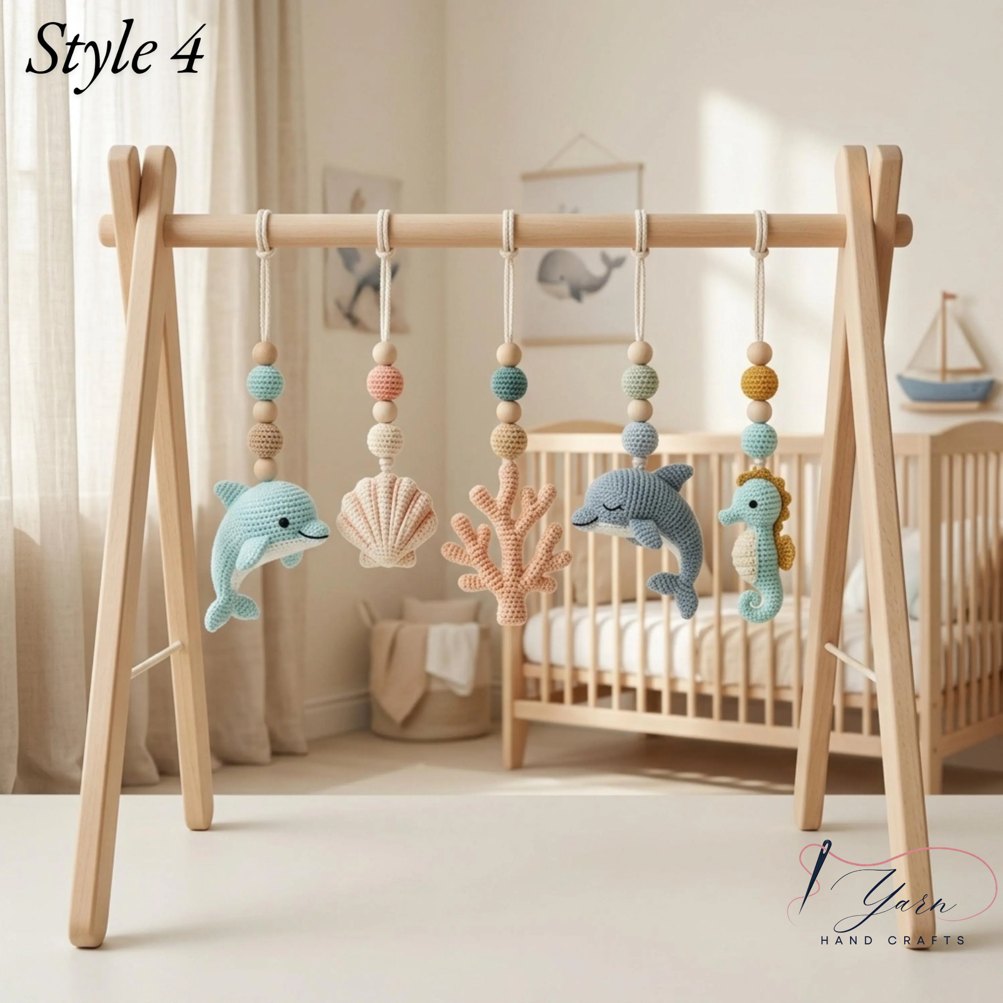 Handmade Custom Dolphin Baby Play Gym, Wooden Montessori Activity Gym, Crochet Ocean Nursery Toys, Neutral Sea Baby Decor, Baby Shower Gift