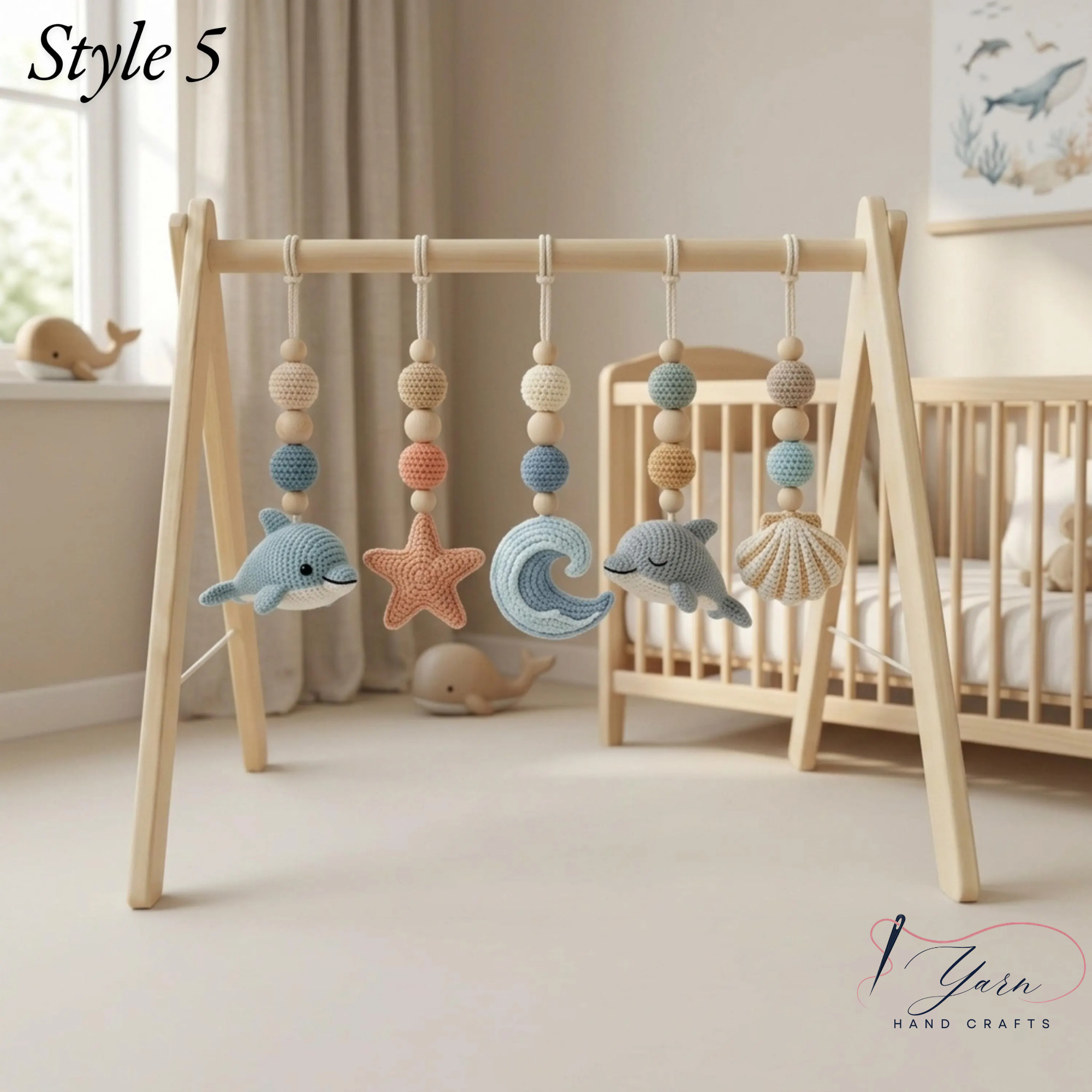 Handmade Custom Dolphin Baby Play Gym, Wooden Montessori Activity Gym, Crochet Ocean Nursery Toys, Neutral Sea Baby Decor, Baby Shower Gift