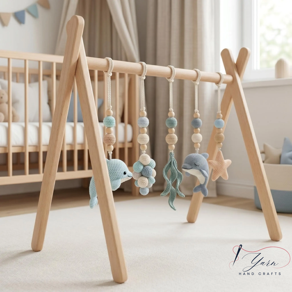 Handmade Custom Dolphin Baby Play Gym, Wooden Montessori Activity Gym, Crochet Ocean Nursery Toys, Neutral Sea Baby Decor, Baby Shower Gift